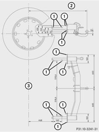 Mercedes-Benz Classe R. Points de fixation du dispositif d'attelage (exemple)