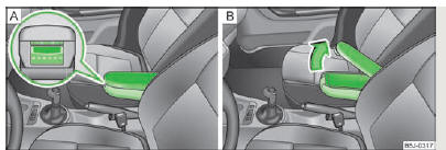 Skoda Roomster. Fig. 65 Accoudoir : vide-poches/ouverture du vide-poches