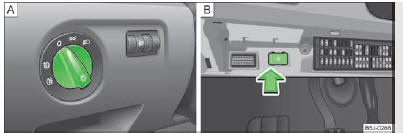 Skoda Roomster. Fig. 20 Tableau de bord : commutateur d'éclairage/boîte à fusibles : commutateur pour éclairage diurne