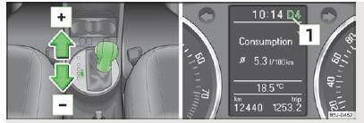 Skoda Roomster. Fig. 84 Sélecteur : enclenchement manuel/ecran d'informations : enclenchement manuel