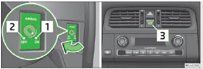 Skoda Roomster. Fig. 103 Commutateur à clé pour l'airbag frontal du passager avant/témoin de désactivation de l'airbag frontal du passager avant