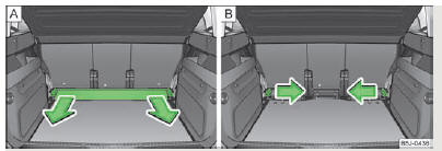 Skoda Roomster. Fig. 50 Coffre a bagages : sortir la glissiere de support transversale/enlever les clavettes de fixation