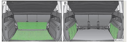 Skoda Roomster. Fig. 44 Filet de fixation : double sac transversal, filet de fixation au sol/doubles sacs longitudinaux