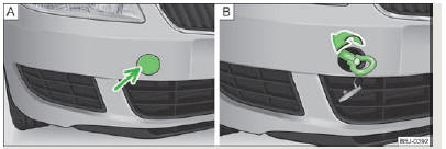 Skoda Roomster. Fig. 137 Pare-chocs avant : cache/pose de l'oeillet de remorquage