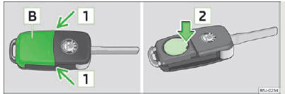 Skoda Roomster. Fig. 9 Clé à radiocommande - enlever le couvercle/sortir la pile